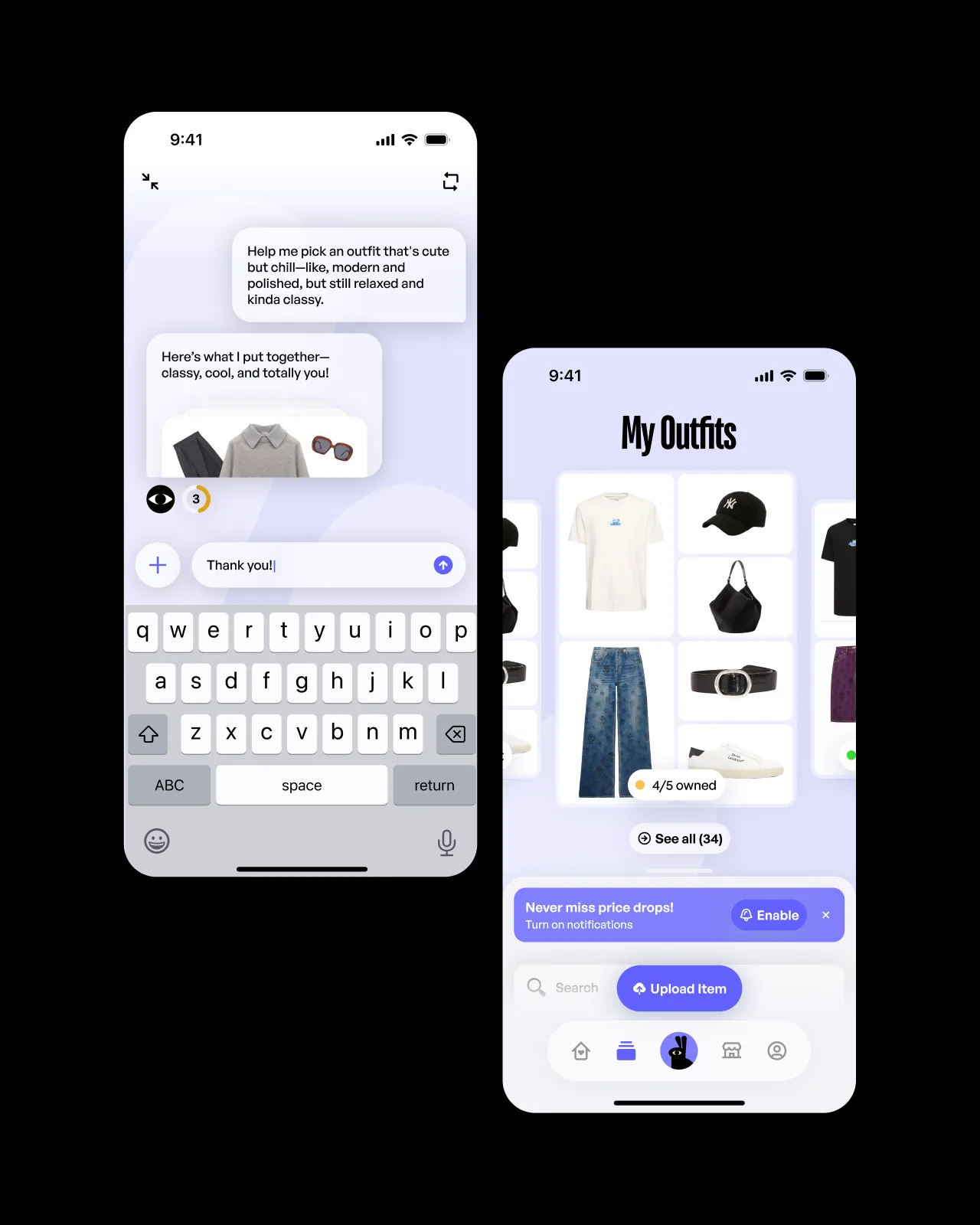 Chat with the assistant and saved outfits