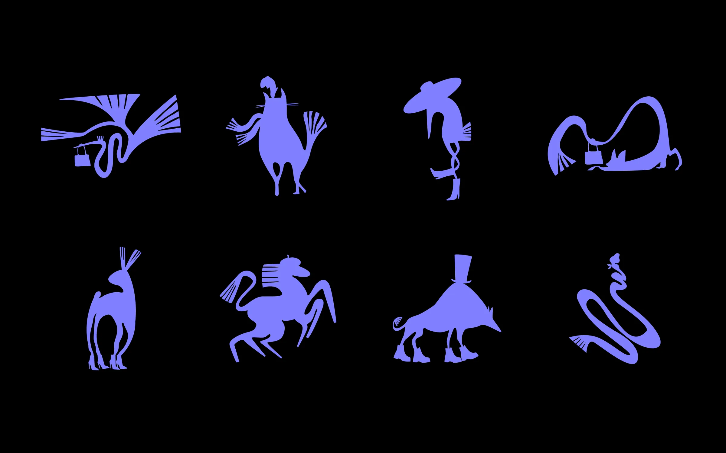 The cast of Mirrorland creatures in lilac on black