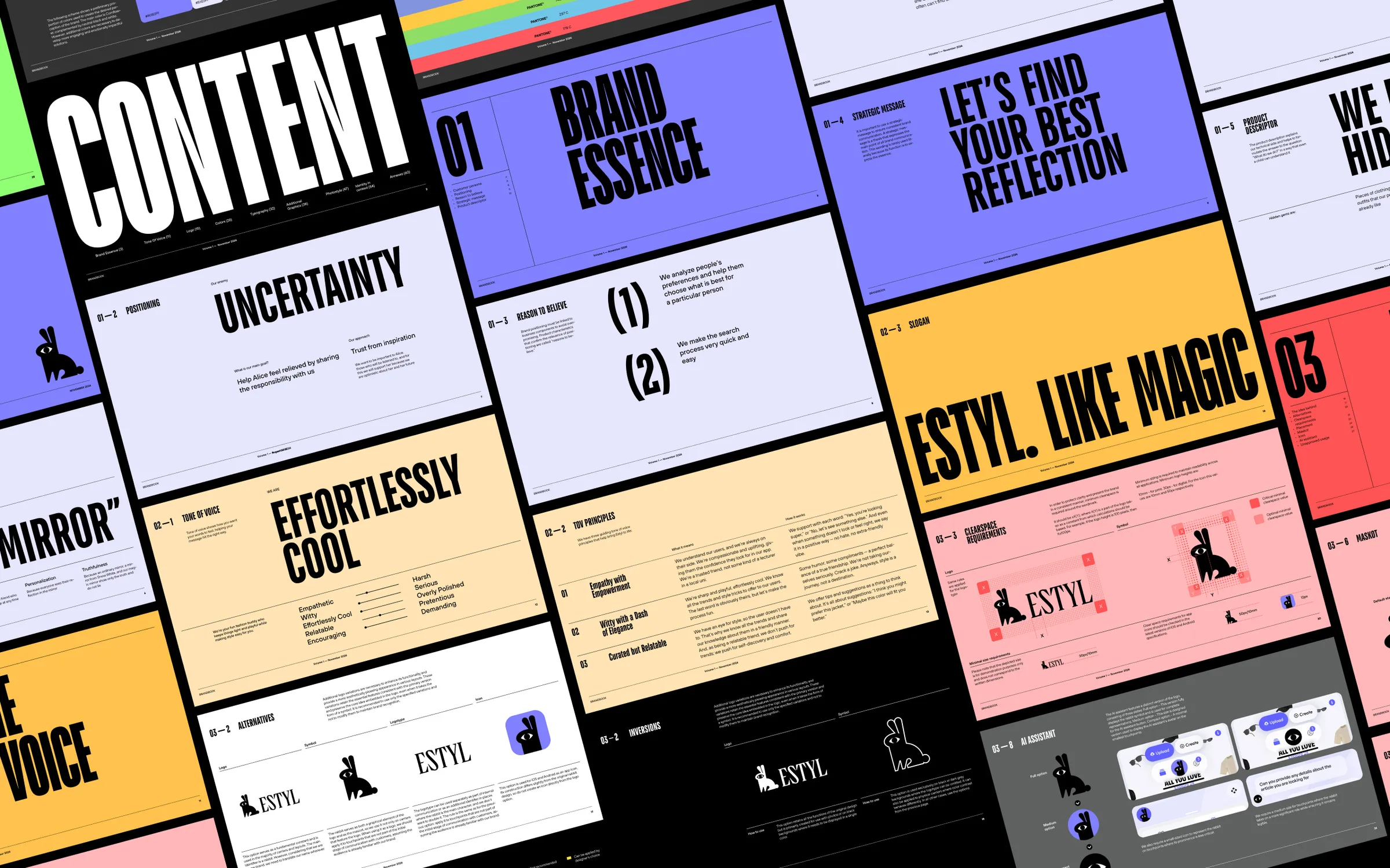Spreads from the brand guidelines covering essence, voice and identity