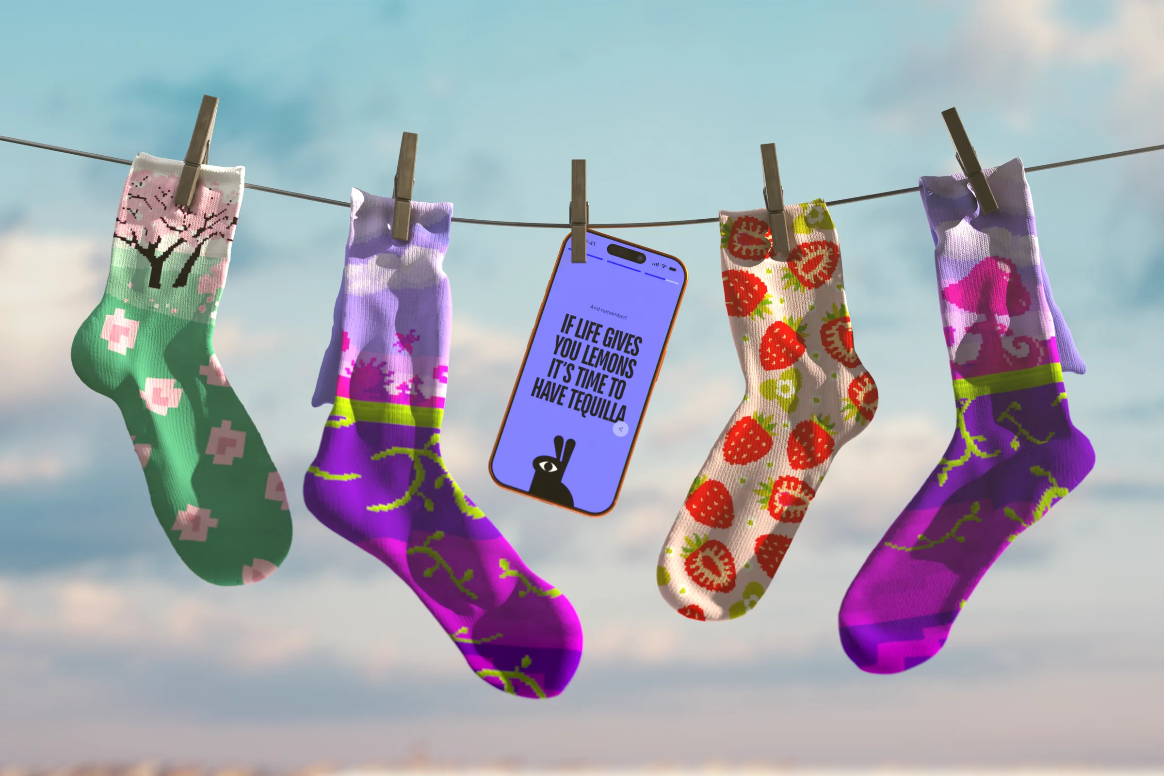 Patterned socks and a phone pegged to a washing line against the sky