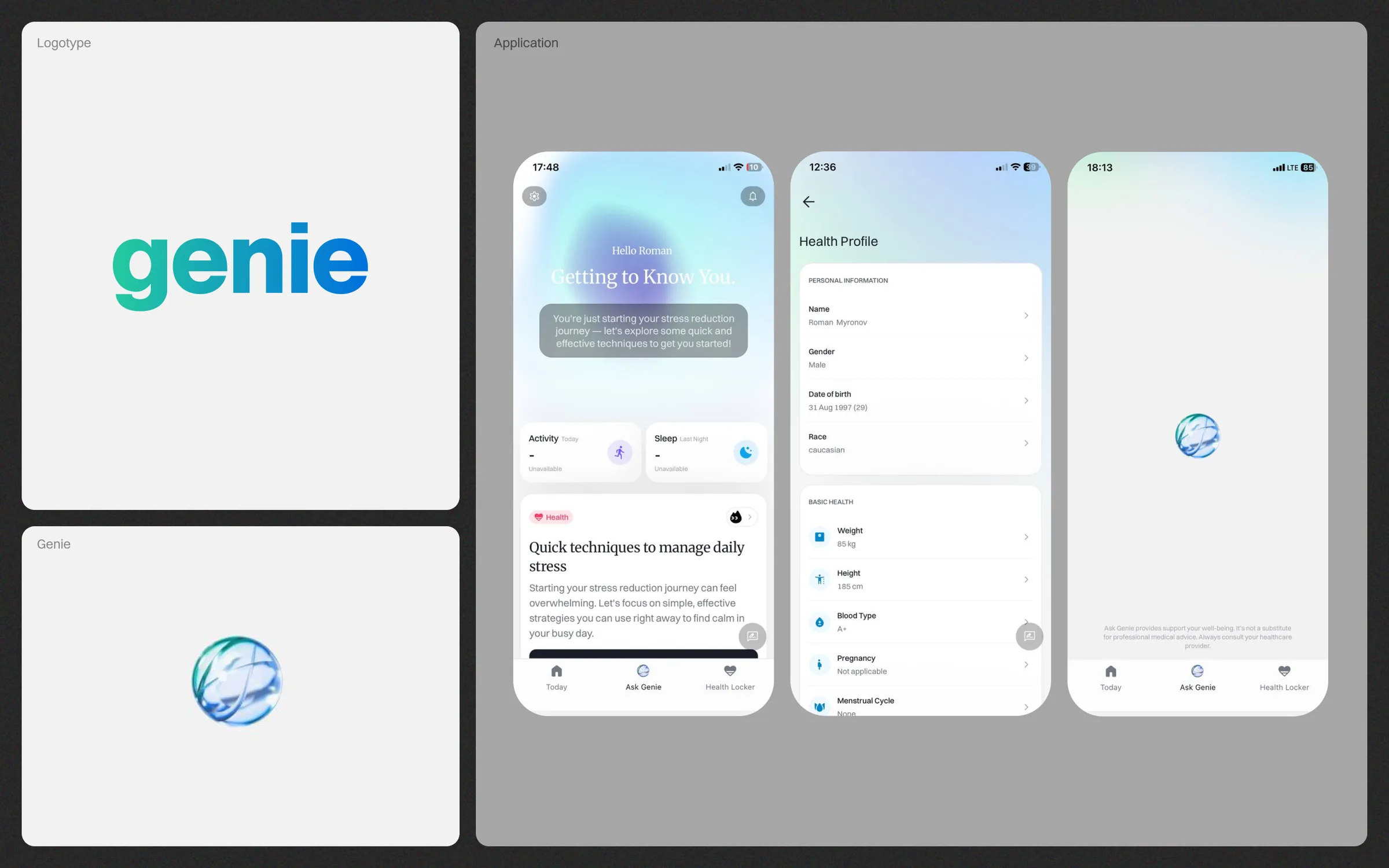 The previous Genie brand and app screens