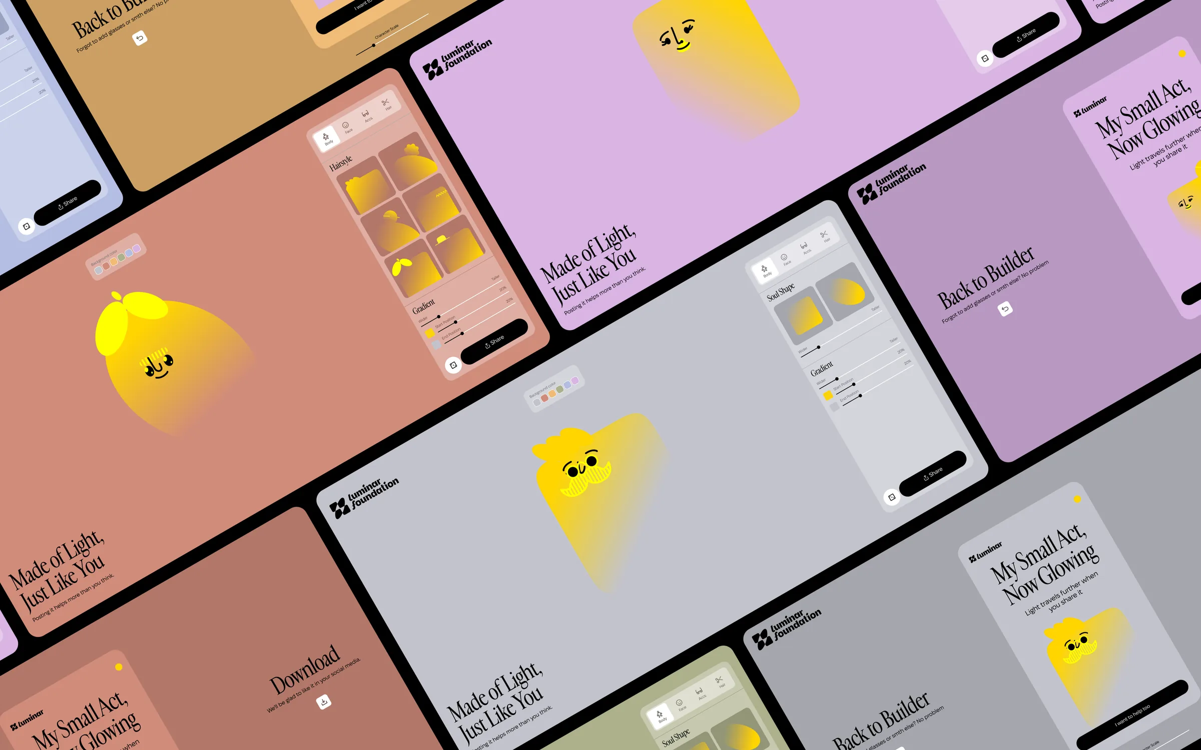 Grid of generated character cards across the foundation's palette