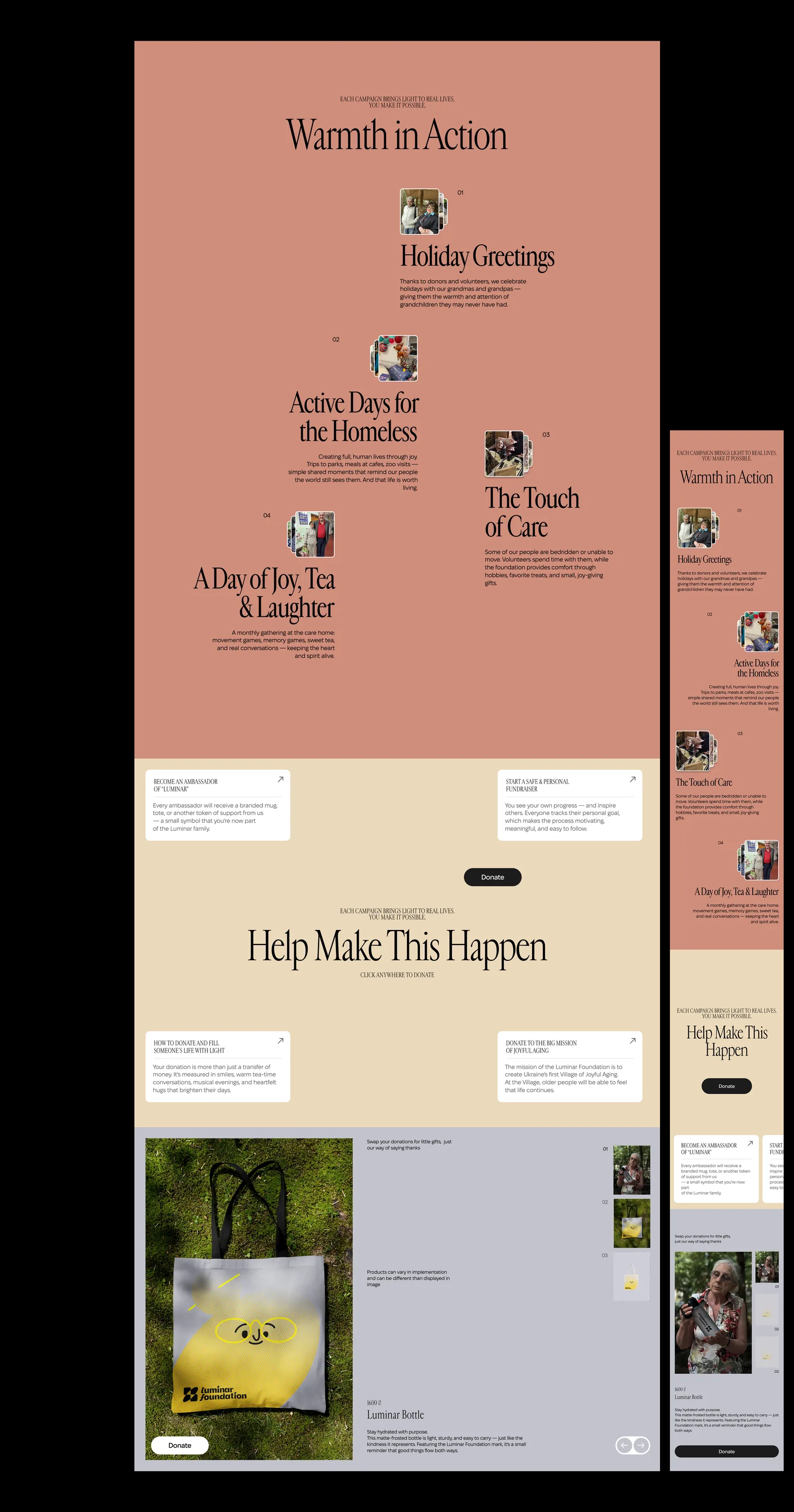 Warmth in Action page listing the foundation's programs, with its mobile layouts alongside