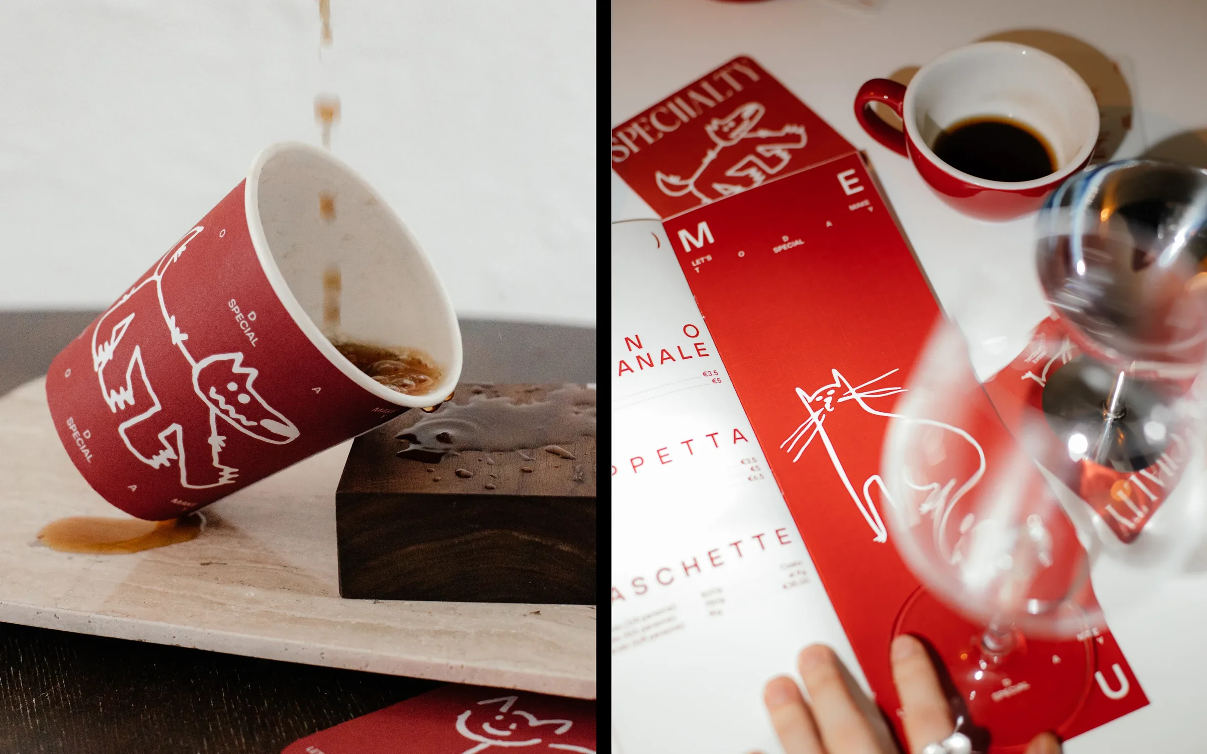 Pouring coffee, with a branded sleeve